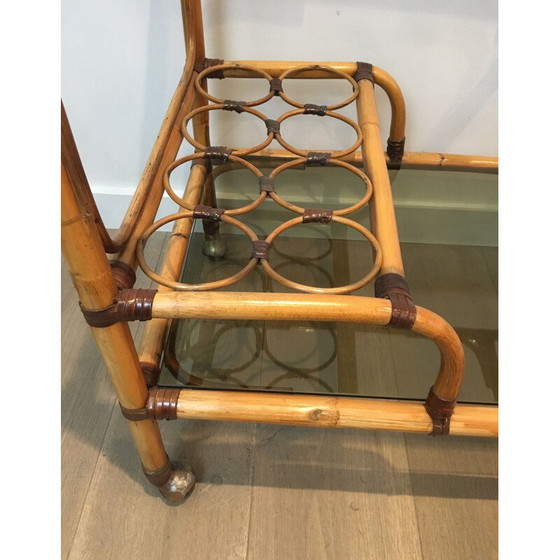 Image 1 of Rattan and leather vintage cart, France 1950