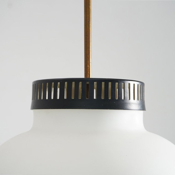 Image 1 of Chandelier in white opaline glass and brass, 1950s