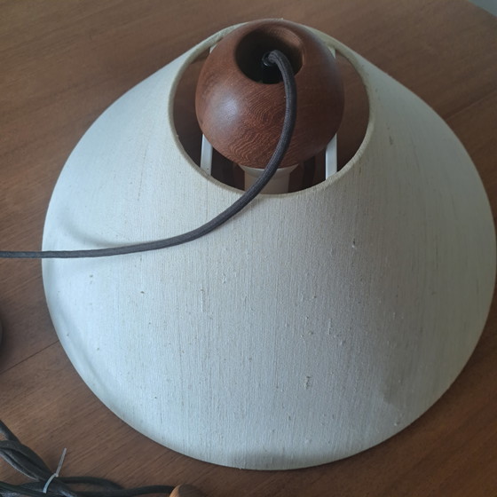 Lampada a sospensione vintage DOMUS 2435 Rise & Fall – Legno e tessuto – Design tedesco di metà secolo (photo 5 of 10)