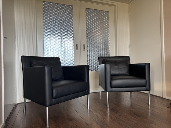 Image 1 of  Modernist German Black Leather and Steel Lounge Chairs from Walter Knoll / Wilhelm Knoll, 2000s, Set of 2