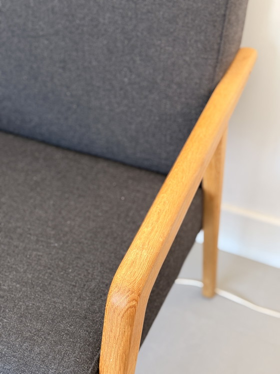 Vintage Scandinavian Armchair, Deep Charcoal Upholstery, Oak Structure, Denmark 1970s – Textile, Wood (photo 8 of 9)