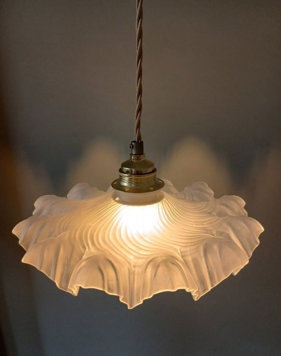 Image 1 of Vintage Franse Frosted Glazen Hanglamp in Clichy Stijl