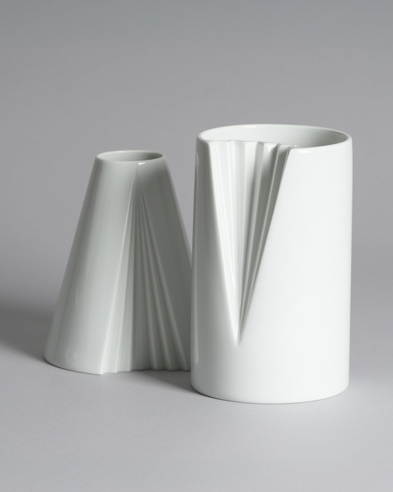 Image 1 of Chic Vintage Rosenthal Plissée Vase Duo Ambrogio Pozzi Minimalist Porcelain Art