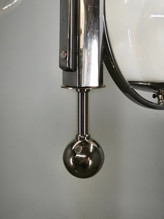 1930s Art Deco Chrome and Opaline Glass Two-Light Chandelier, Czechoslovakia, Metal, Silver (photo 7 of 10)
