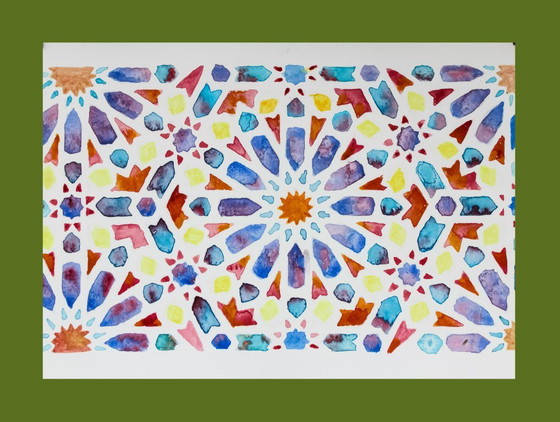 Image 1 of Aquarelle originale représentant une faïence arabe. Peinture géométrique. Neuve.