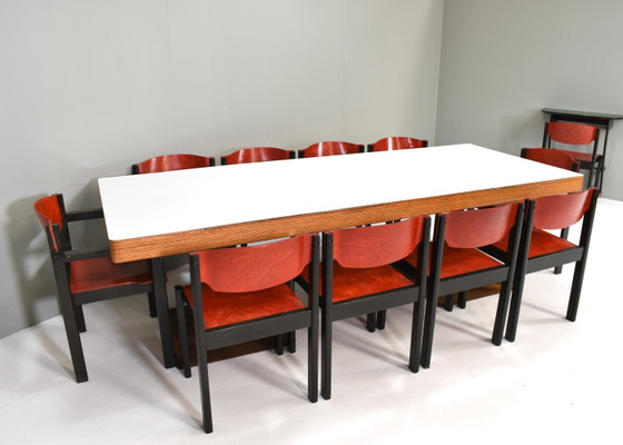14x Italian Postmodern Stacking Chairs in Sottsass Memphis Style - Italy, 1970's, Dining chairs, Metal, Red (photo 2 of 20)