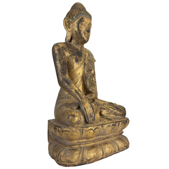 Buda antiguo de madera dorada – Estilo Mandalay de Myanmar – Incrustaciones de vidrio – Esculturas, Wood (photo 2 of 11)