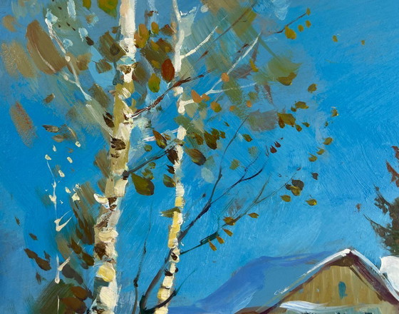 Image 1 of Peinture à l'huile originale représentant une maison enneigée dans un paysage où vit un conte de fées hivernal.