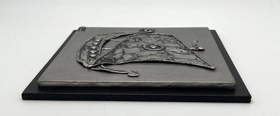 Image 1 of Raro rilievo da parete di Sven Lindström - Nave vichinga - Peltro su legno - Design scandinavo di metà secolo