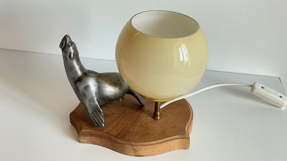 Image 1 of Art Deco Sea Lion Lamp Metal and Blown Glass France