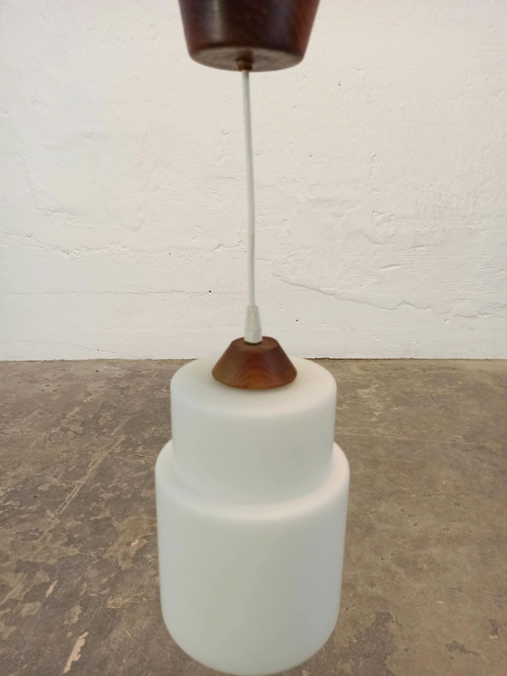 Vintage opaline glass and wood pendant lamp, Brown (photo 11 of 14)