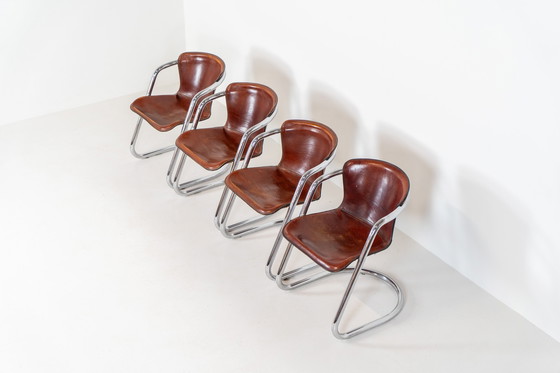 Image 1 of Set Of 4 Rare Leather Dining Chairs By Willy Rizzo For Metaform (The Netherlands, 1970S).