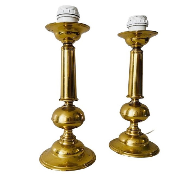 Image 1 of Mid-century paar messing tafellampen goud blauw Hollywood Regency 1950's