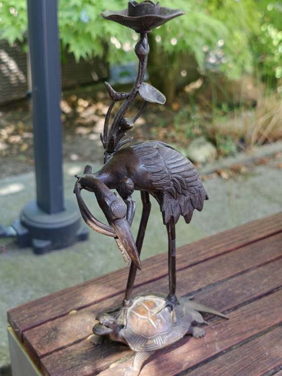 Image 1 of Chandelier en bronze japonais : Grue sur tortue (Meiji)