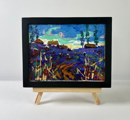 Original Oil Painting Summer Field Landscape Evening in the village