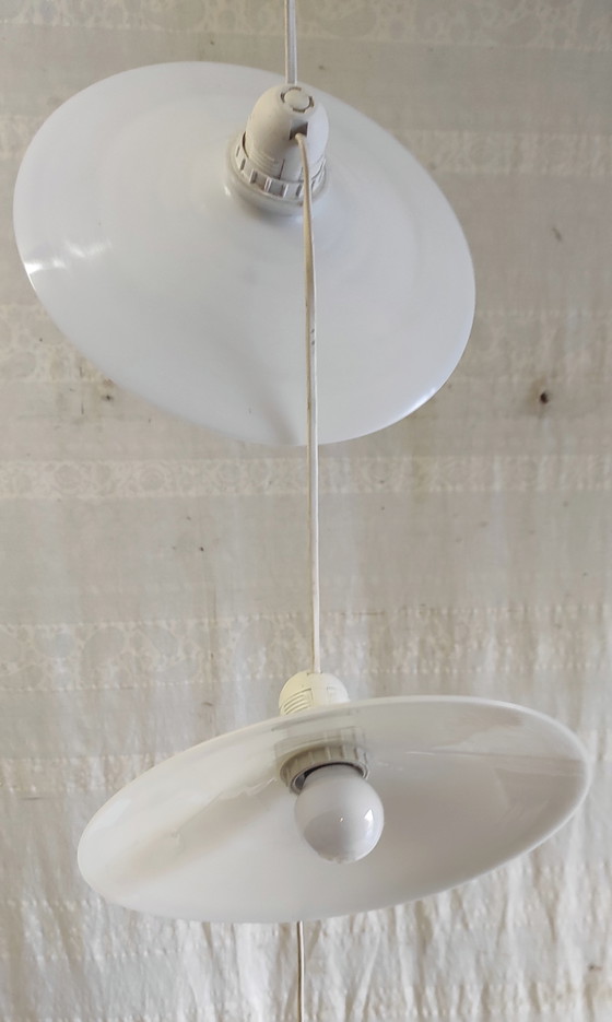 Image 1 of Hanglamp/draaglamp met 3 opalen kappen - midden 20e eeuw