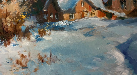 Image 1 of Original Oil Painting Winter House Landscape Houses under a blanket of snow