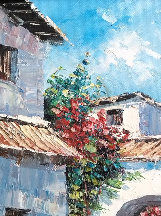 Image 1 of Oil painting on canvas - Mediterranean village - Knife painting technique