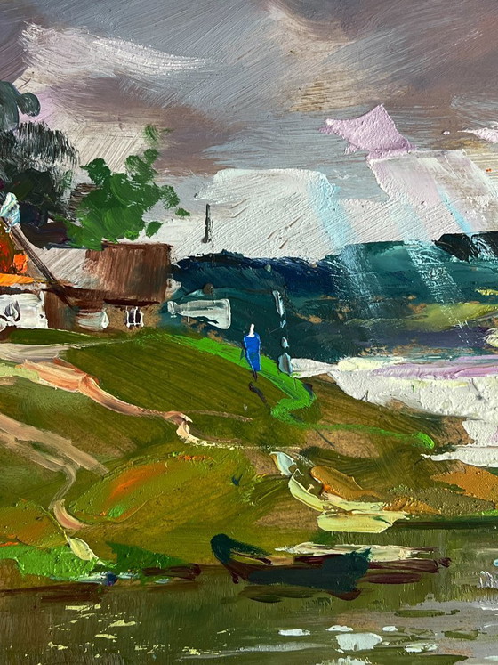Image 1 of Origineel olieverfschilderij: Landelijk landschap, natuur, een rivier nabij het dorp.