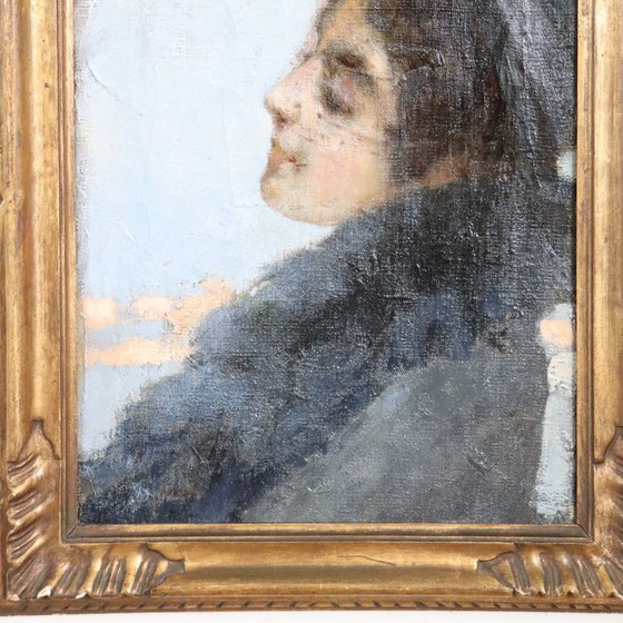 Image 1 of Ritratto di giovane donna con cappello, olio su tela, Italia, fine XIX secolo.