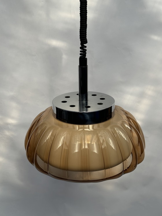 Image 1 of Vintage oranje Dijkstra bloem hanglamp uit de jaren 70 met een futuristisch design.
