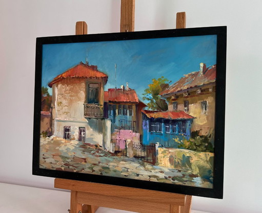 Original Oil Painting Summer Street Landscape Warm wind on the streets