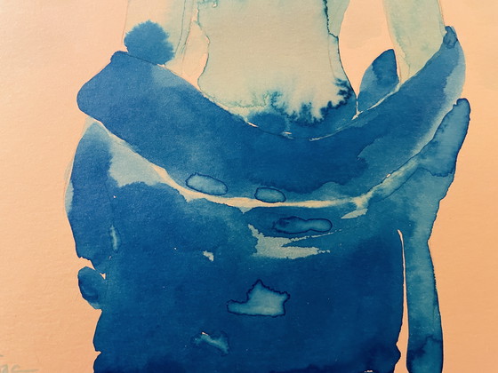 Image 1 of Gesigneerd aquarel monochroom blauw portret vrouw "weekend in Capri ".