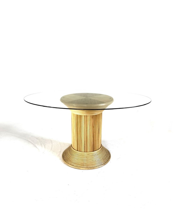 Image 1 of Table de salle à manger vintage en rotin et verre, années 80