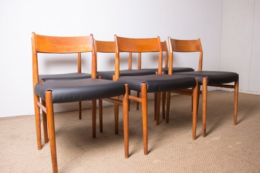 Set van 6 Deense stoelen van teak en skai, nieuw, model 418 van Arne Vodder voor Sibast 1960.