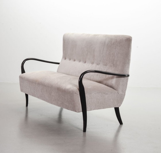Image 1 of Distinguished Italian Mid-Century Design Guglielmo Ulrich Two Seat Sofa in Soft Silver Velvet Fabric. Italy, 1950s.