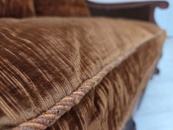 Image 1 of 1930-35s, Danish 3-seater sofa, furniture velour, furniture mesh, carved ash wood.