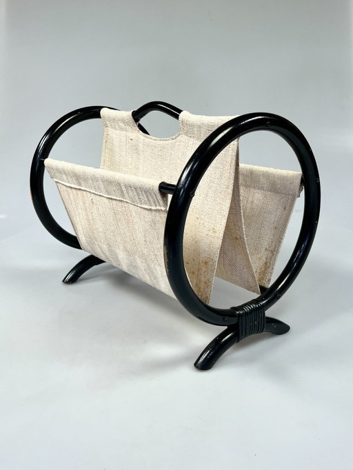 Vintage Round Lectern / Magazine Rack, Black Rattan, 1970's
