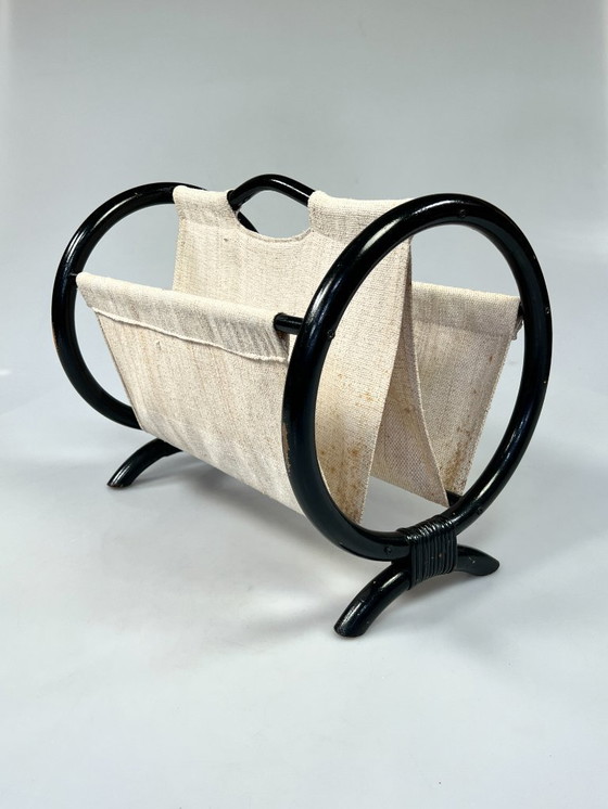 Image 1 of Leggio rotondo vintage / portariviste, rattan nero, anni '70