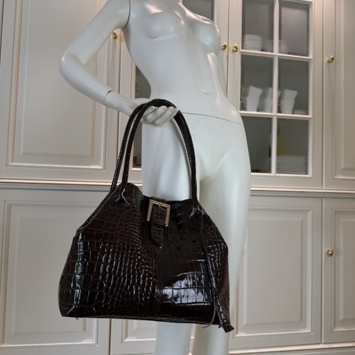 Sac à main italien élégant en cuir véritable aspect crocodile – fabriqué en Italie – comme neuf (photo 2 of 9)