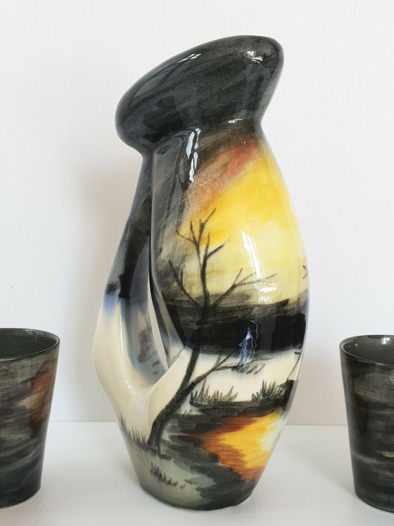 Image 1 of ENSEMBLE 1950 PLATEAU CARAFE & VERRES VINTAGE CERAMIQUE MONACO MONACERA 50S 50'S