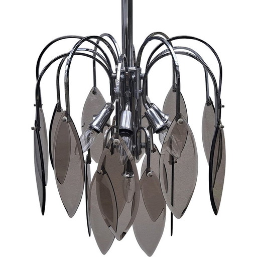 Vintage chroom en rookglas hanglamp van Veca Fontana Arte, Italië 1970