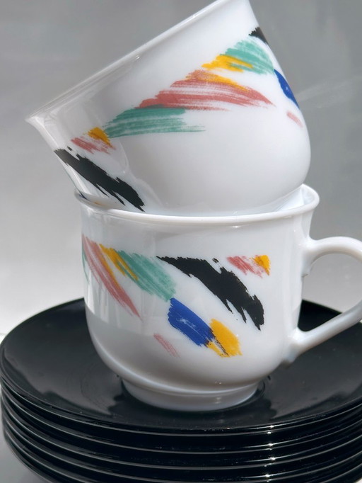 6x Vintage Arcoroc Tasse Weiß Bunt Frankreich Set 80er 90er Luminarc Octime France 