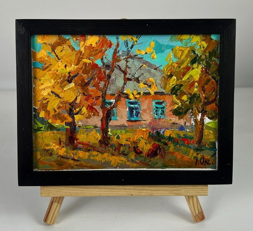 Peinture à l'huile originale représentant un paysage champêtre, une maison et une maison en automne dans un village