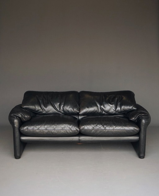 Two Seater Maralunga Sofa in Black Leather for Cassina. 1970s