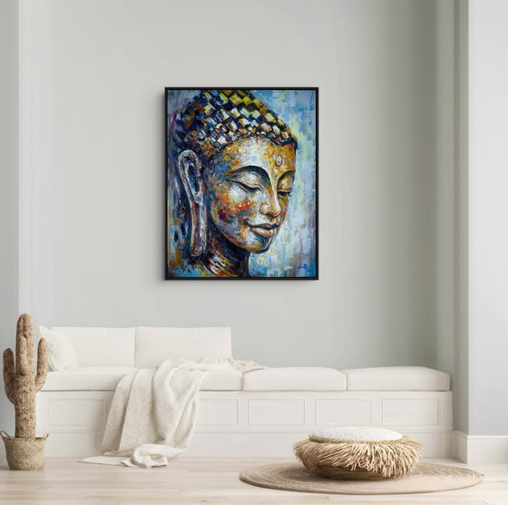 Image 1 of Unique hand-painted Buddha painting "Golden Serenity" – Seksak Jaichumchen – 80 × 100 cm