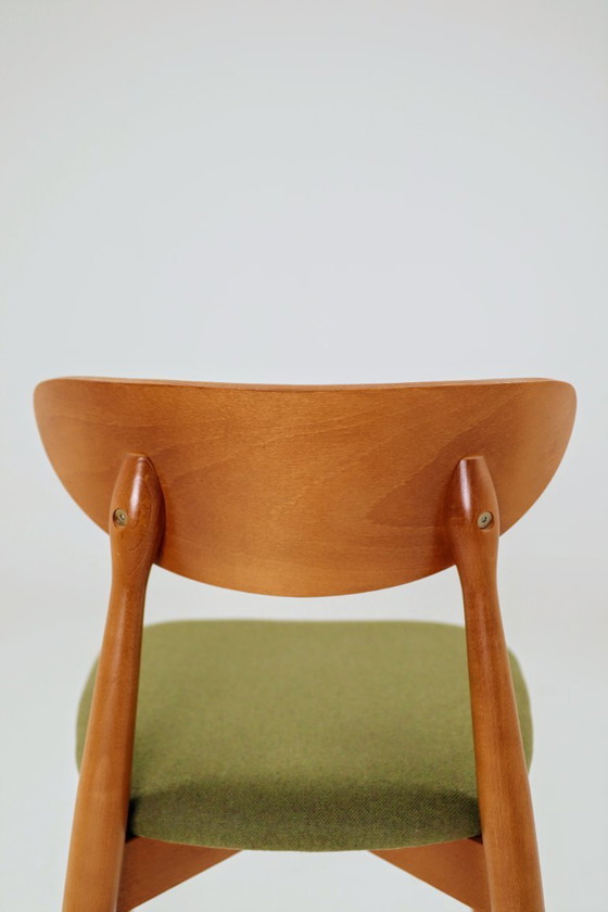 Image 1 of Eetkamerstoelen set van 4 natuurlijk hout, bekleding van groene wol