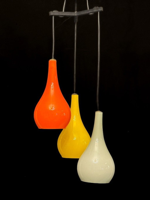 Mid-century pendant with Vistosi glass shades by Stilux Milano. Italy 1960s