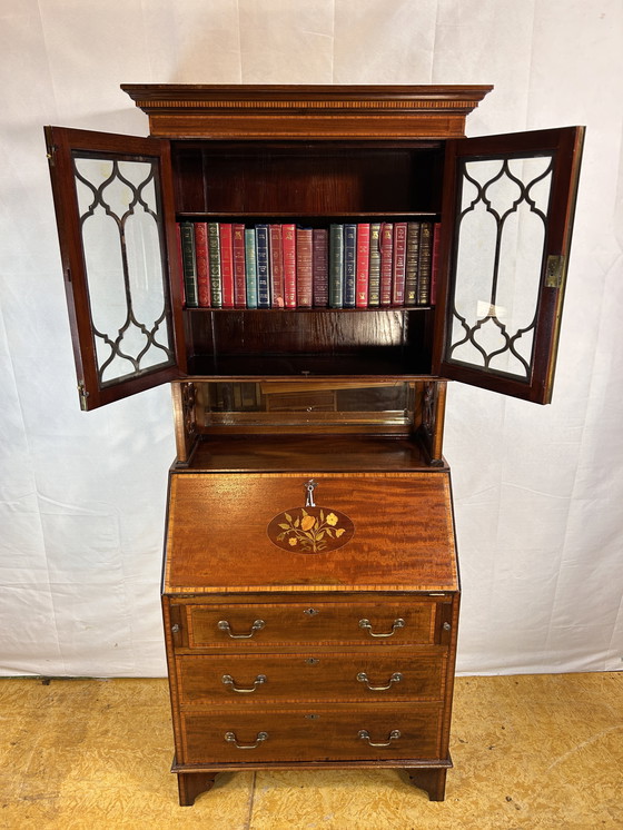 Image 1 of Antiek Edwardiaans Bureau met Ingelegd Bloemendetail - Begin 20e Eeuw Elegantie tijdloos raffinement met