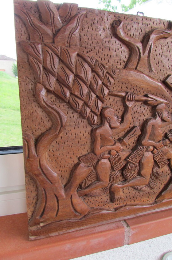 Image 1 of Panneau Bas Relief en Bois Sculpté, Afrique, 1970s