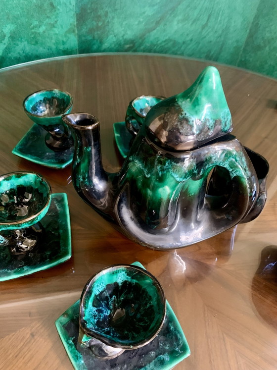 Service À Café / Thé Sculptural Vallauris Vintage — Émail Vert Émeraude Réactif & Noir Profond (Années (photo 12 of 15)