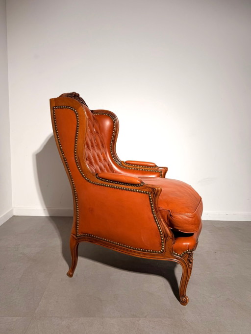 Antieke Cognac Leren Bergère Fauteuil – Wood (photo 2 of 6)