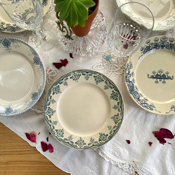 Image 1 of Set of 6 mismatched ironstone dinner plates, antique Sarreguemines earthenware, Choisy le Roi Boulanger