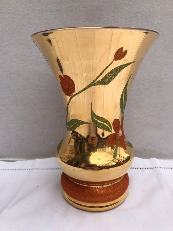 Image 1 of Vaso antico in vetro artistico di BEAULIEU, vetro dipinto in oro + decoro floreale vintage #D391