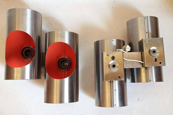 Image 1 of Paar doppelte orangefarbene Oxar Space Age Wandleuchten, 1970er Jahre