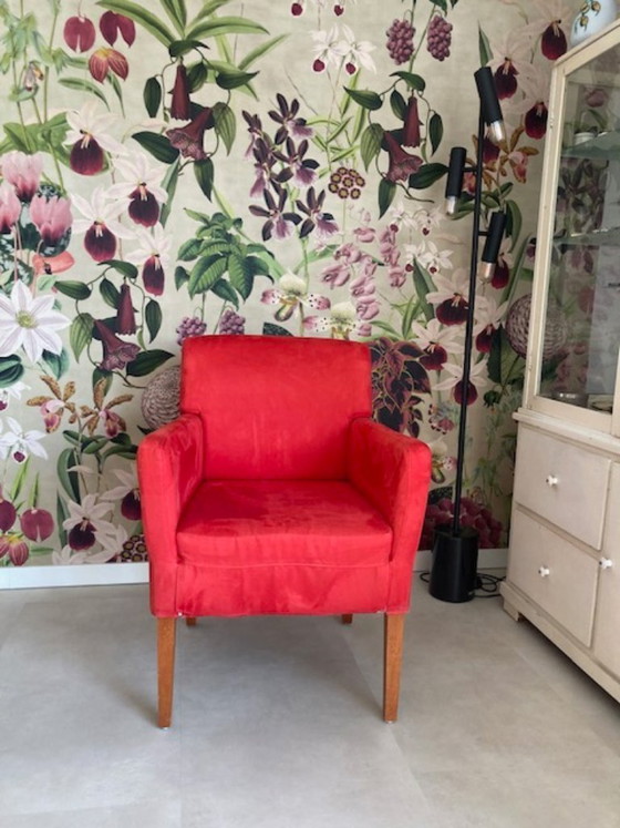 Image 1 of Two chairs, cherry wood with red fabric, dining room or side table